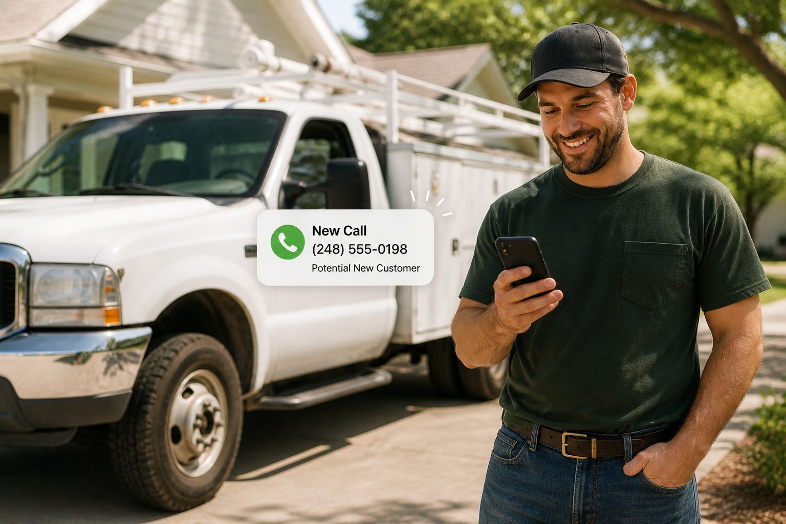 Tree service owner smiling at a new customer call in the driveway