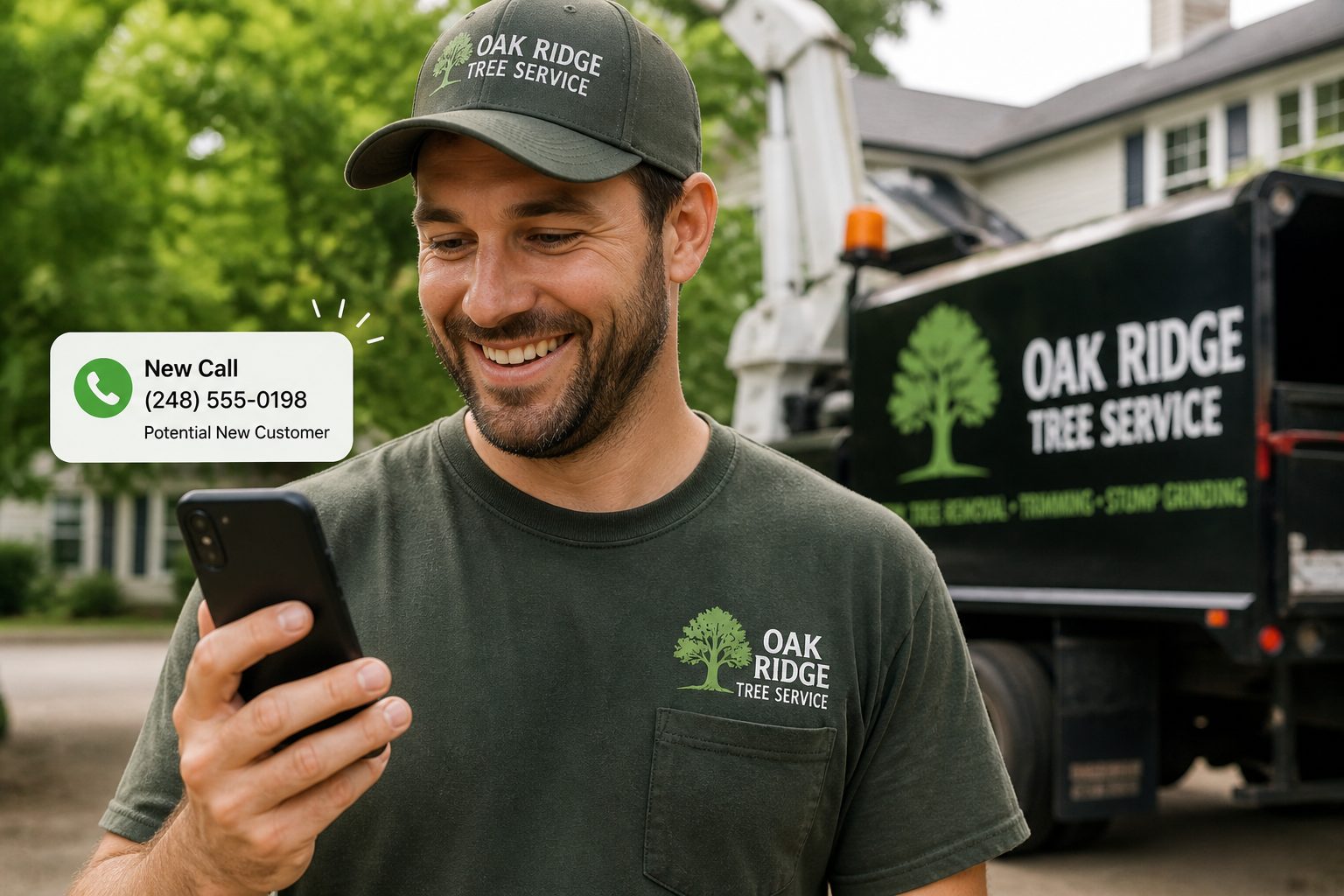 Tree service professional smiling at a new customer call