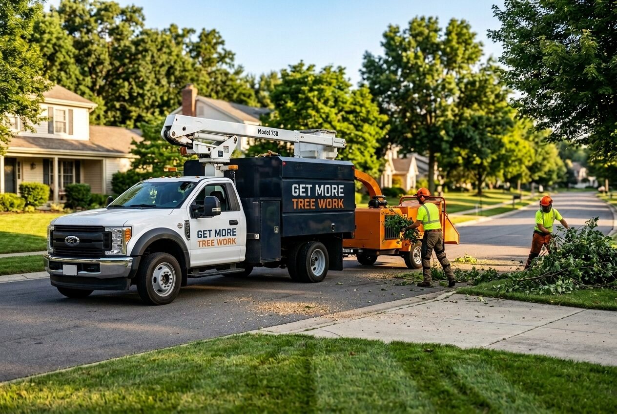 GetMoreTreeWork crew feeding the chipper on a summer street — brand on the truck door