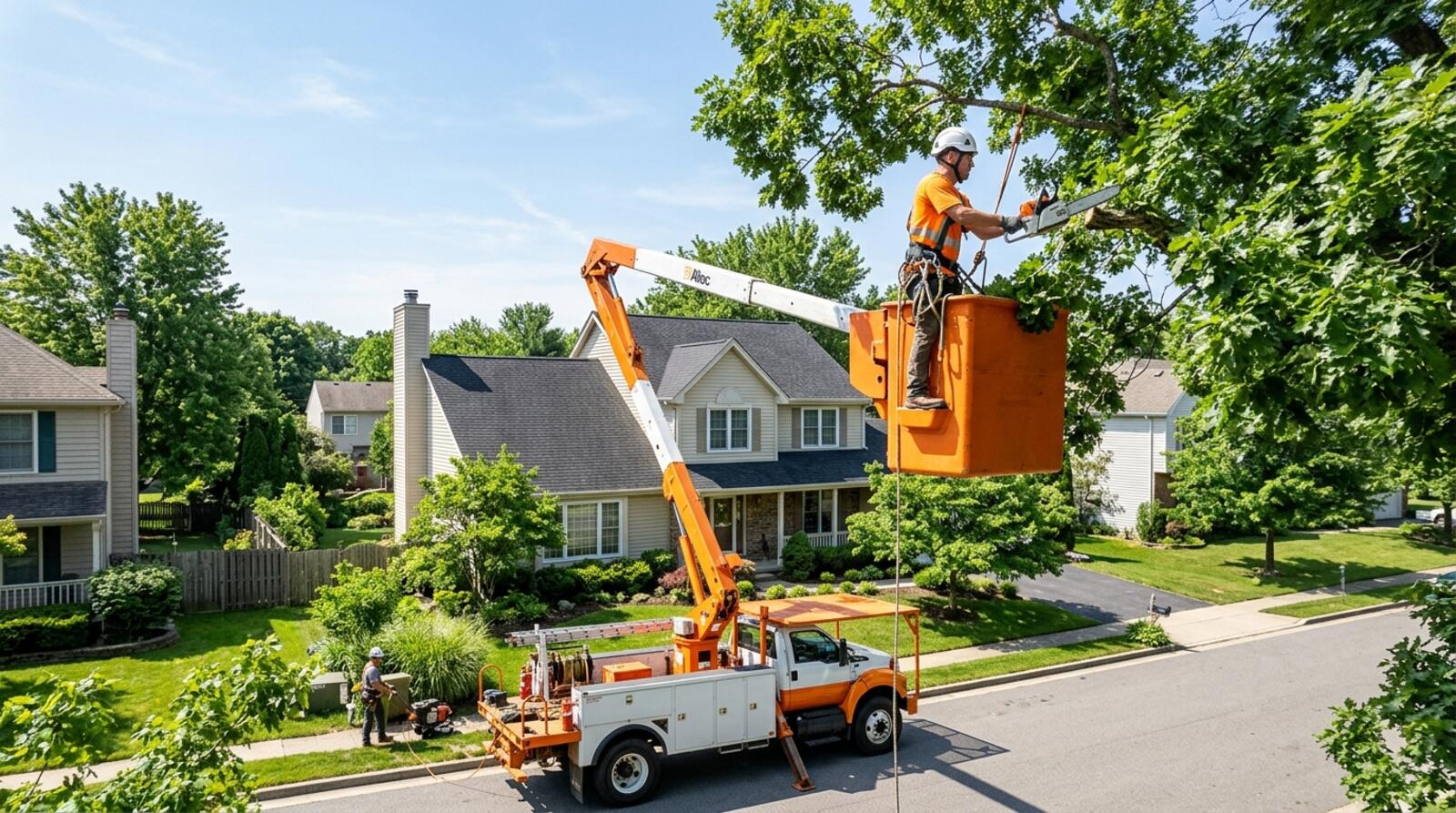 GetMoreTreeWork arborist in a bucket truck pruning branches over a house roofline