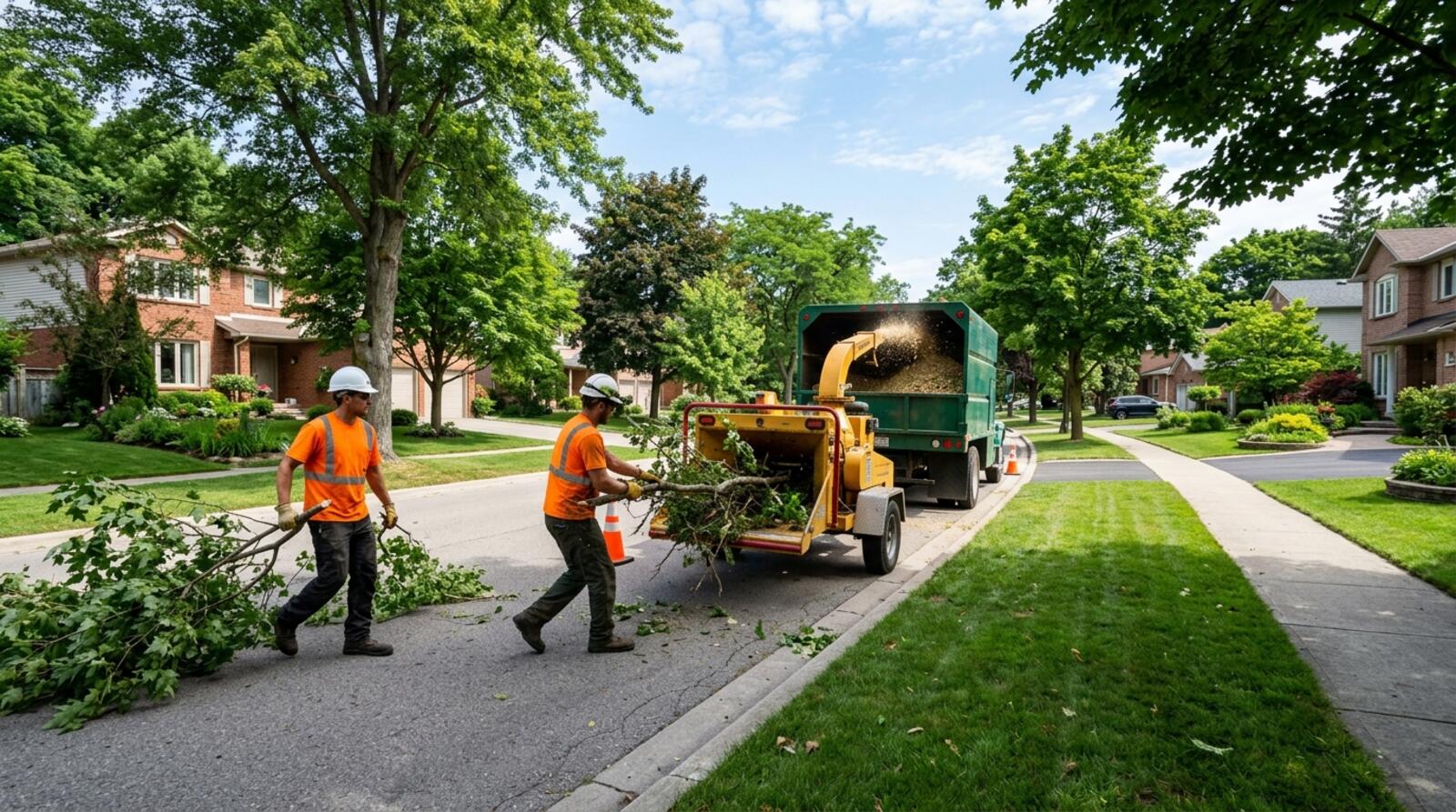 Two GetMoreTreeWork crew members feeding the brush chipper at a summer curb