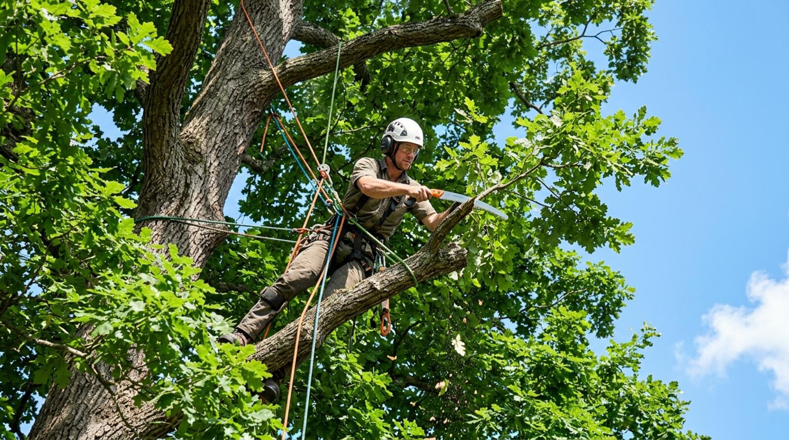 GetMoreTreeWork arborist climbing and pruning a tall tree on a bright summer day
