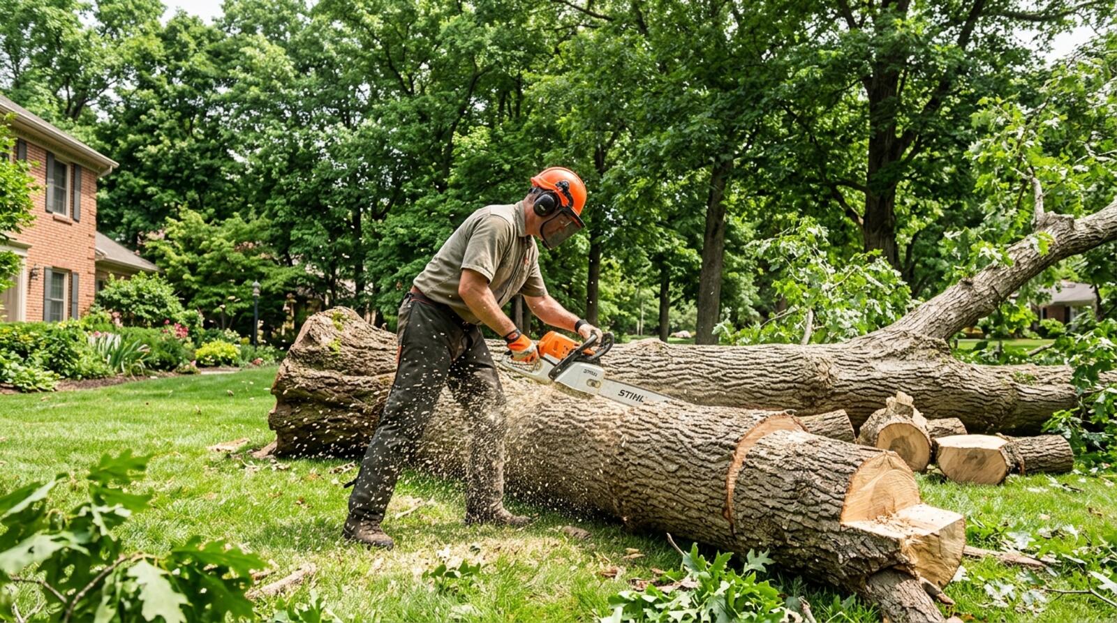 GetMoreTreeWork worker bucking a large fallen log with a chainsaw under a leafy canopy