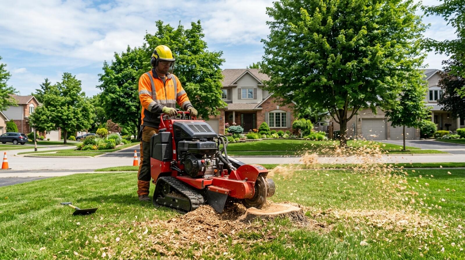 GetMoreTreeWork worker operating a stump grinder with wood chips flying on a bright lawn