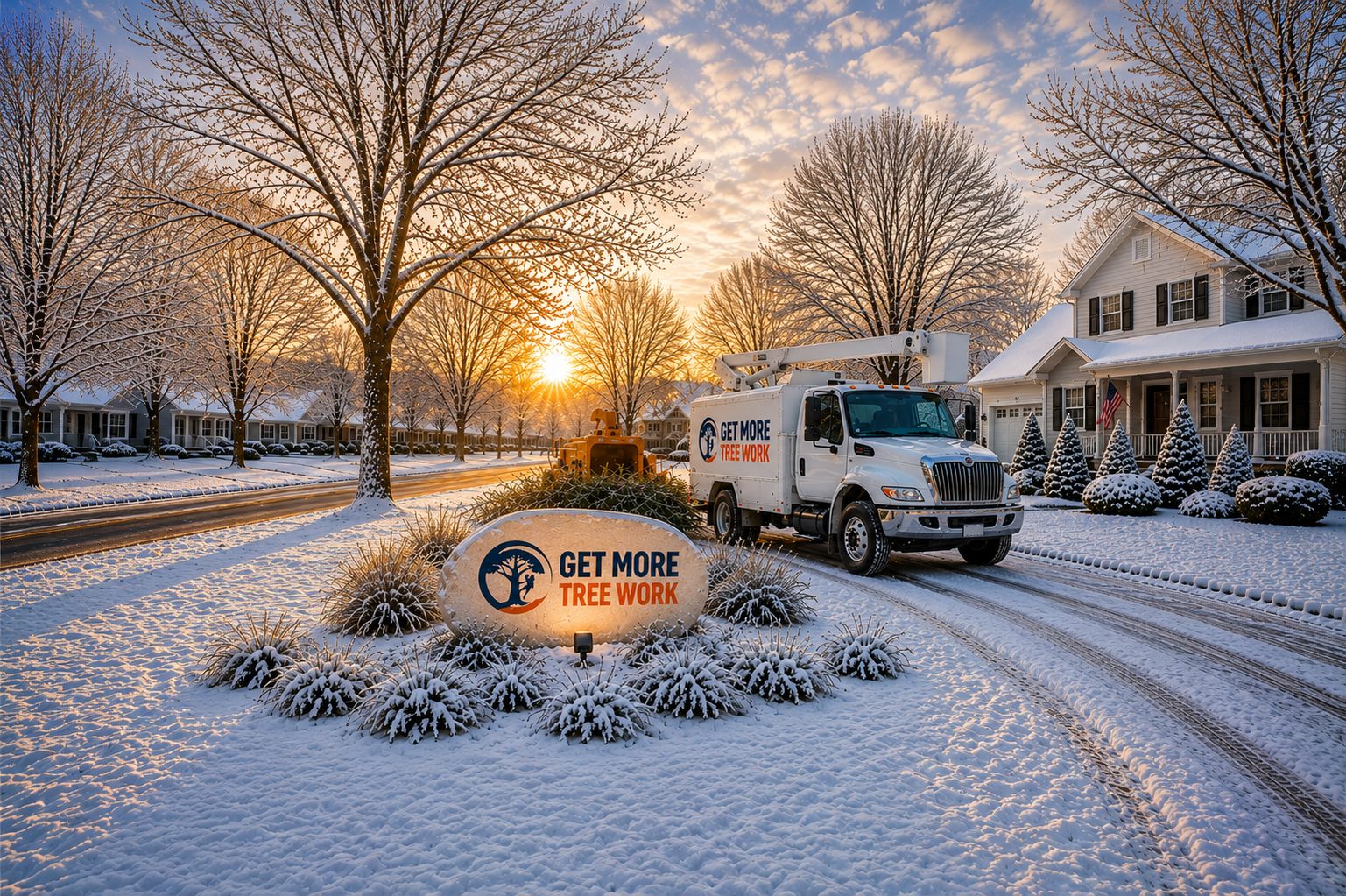 GetMoreTreeWork branded bucket truck on a snowy street at sunrise