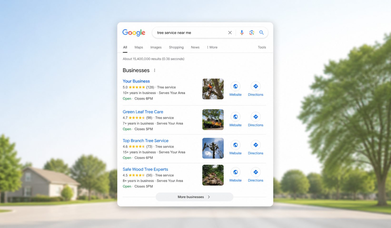 Google search results showing a tree service ranking at the top of the local listings