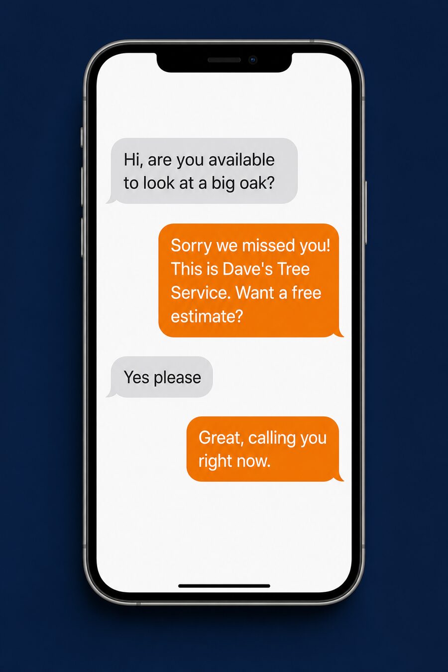 Text conversation showing a missed call turning into a booked estimate